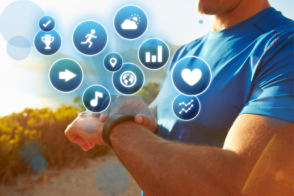 Exercising Man Checking Activity Tracker With Health Icons
