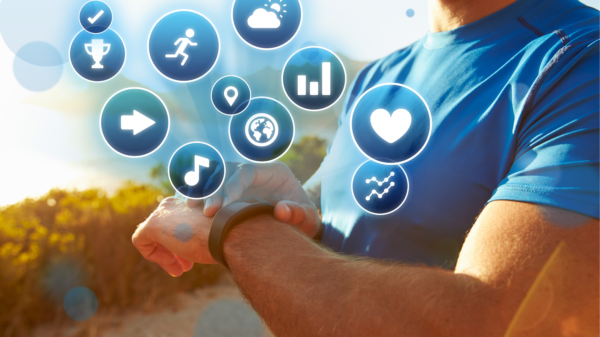 Exercising Man Checking Activity Tracker With Health Icons